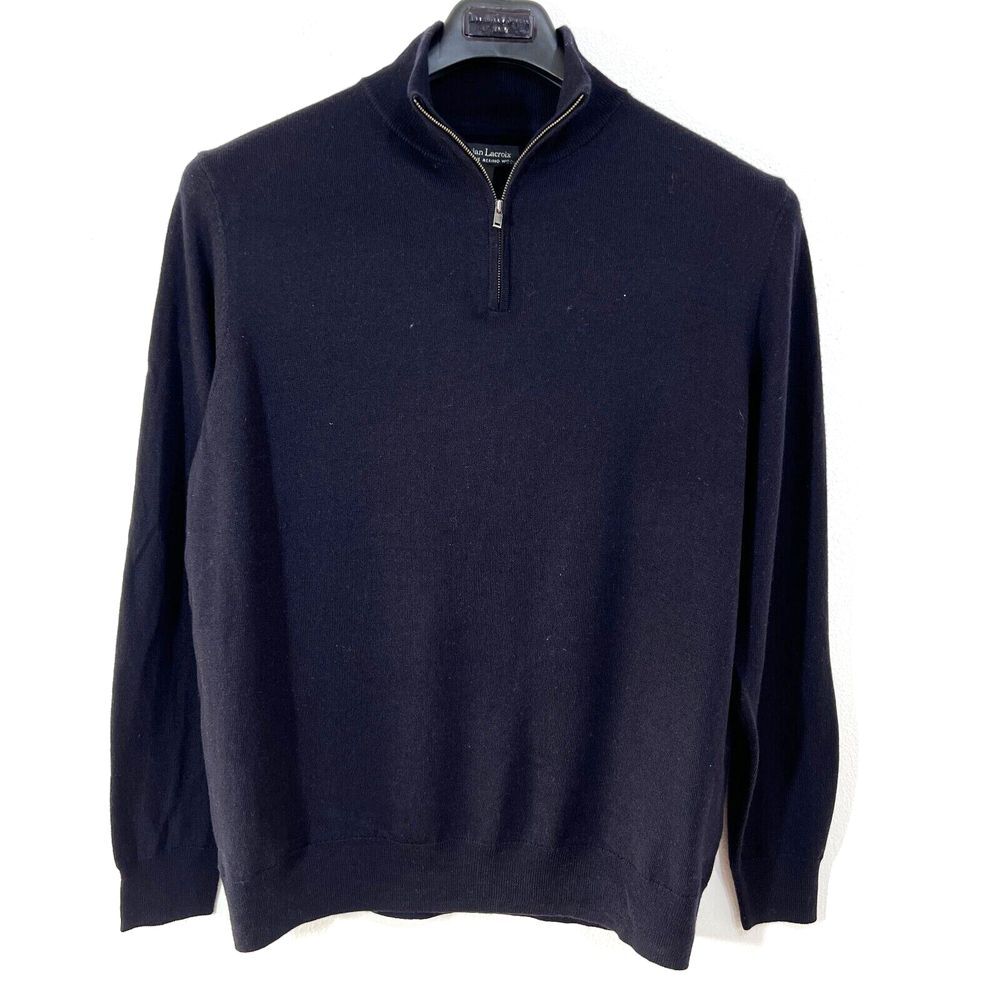 Christian Lacroix Sweater 100% Merino Wool Mens Large Purple Black 1/4‎ Zip Work
